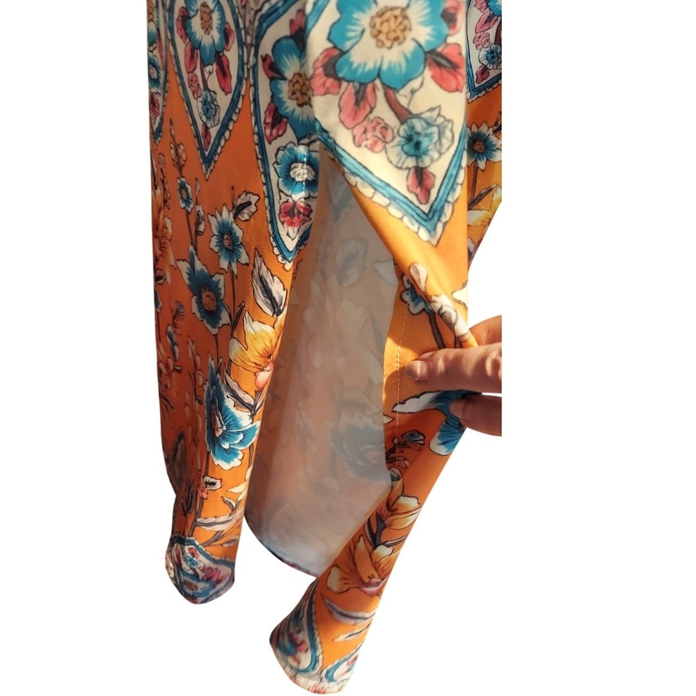 Orange Floral Paisley Boho V-Neck Maxi Beach Dress Short Sleeve Side Slit Small - Picture 5 of 7